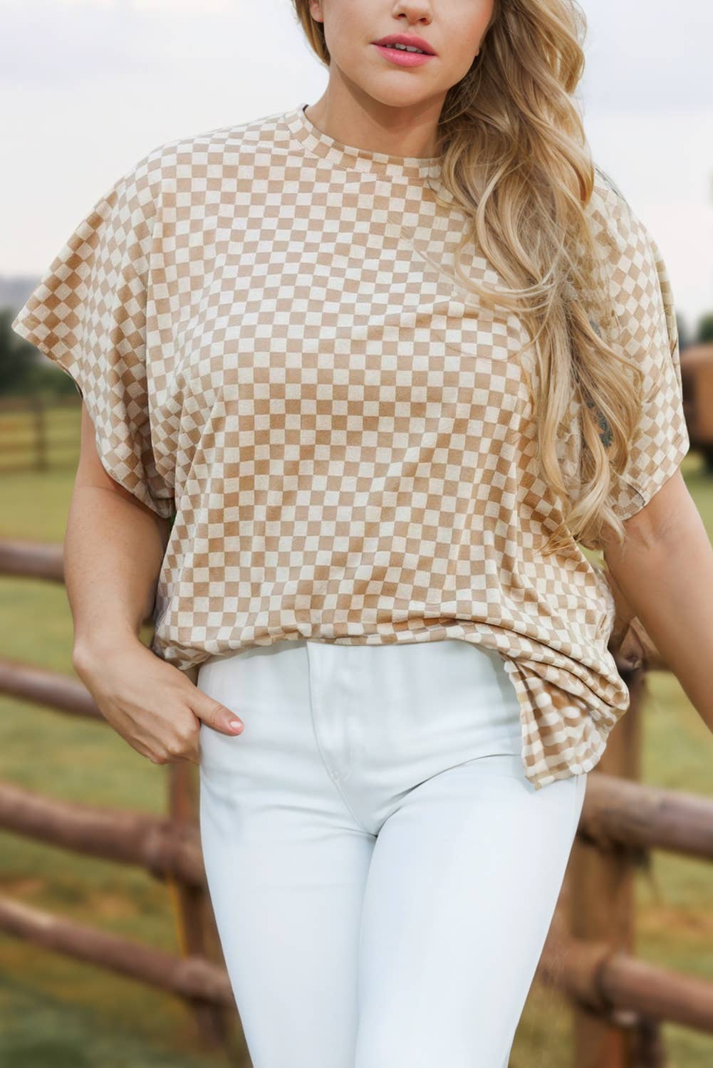 Fashion Checkerboard Short Batwing Sleeve Plus Size T Shirt