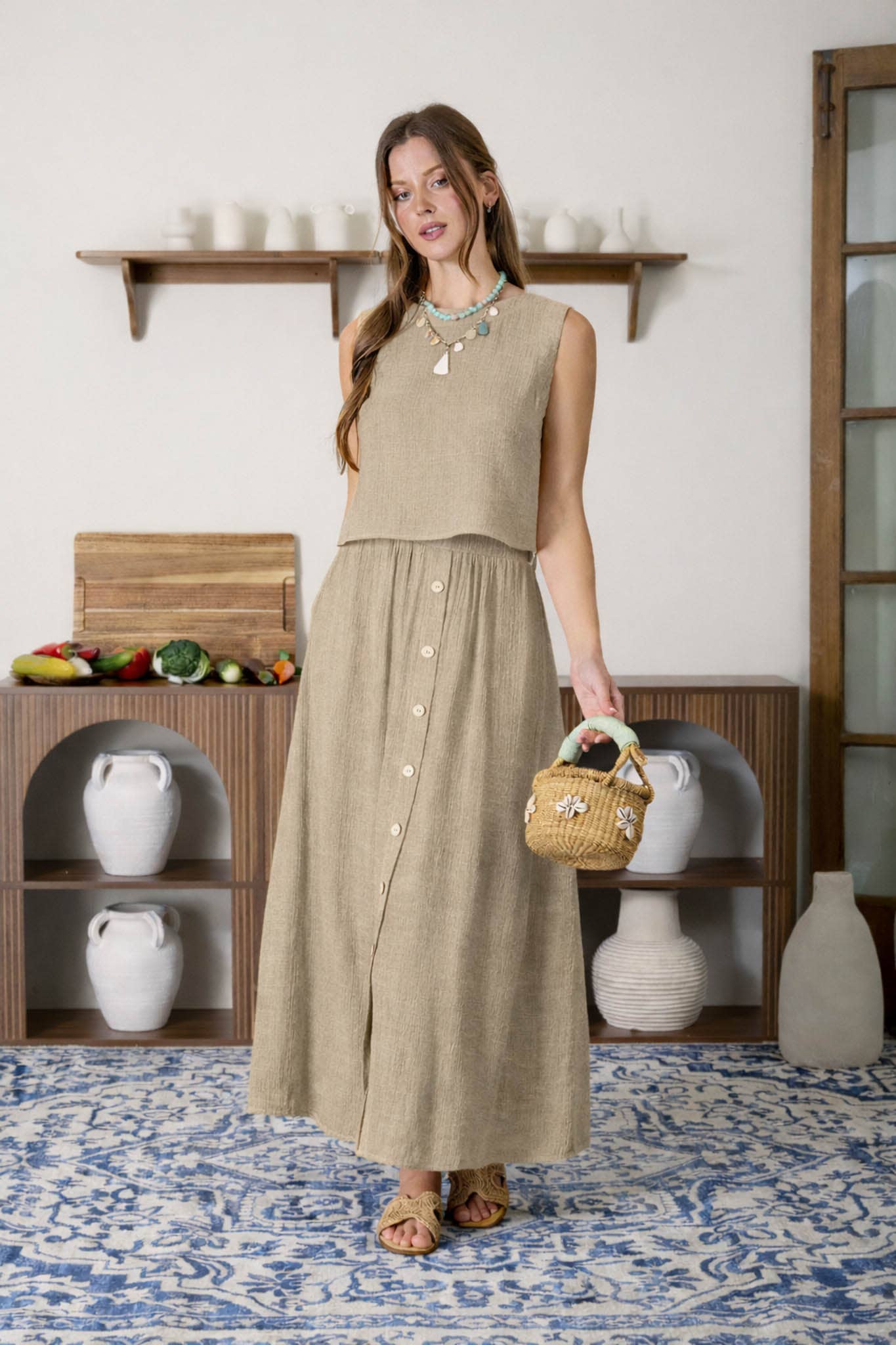 Textured Button Front Midi Skirt
