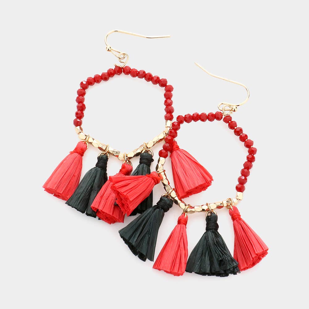 Game Day Beaded Open Hexagon Raffia Tassel Dangle Earrings
