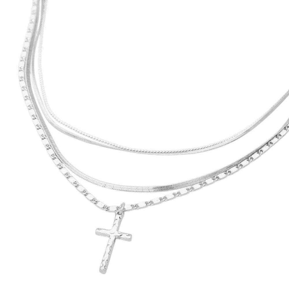 Cross Pendant Accent Layered Chain Necklace