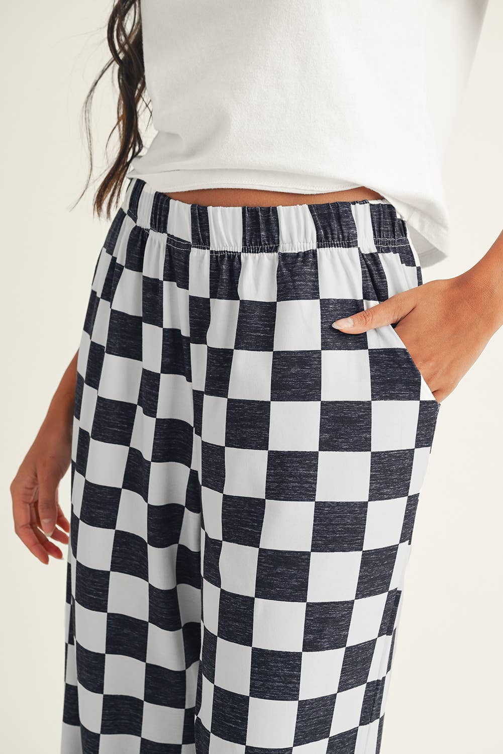 Checker Print High Waist Wide Leg Pants
