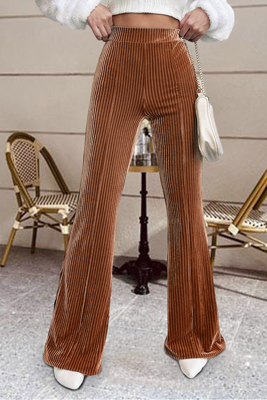 High Waist Velvet Flare Corduroy Pants - Rust Orange