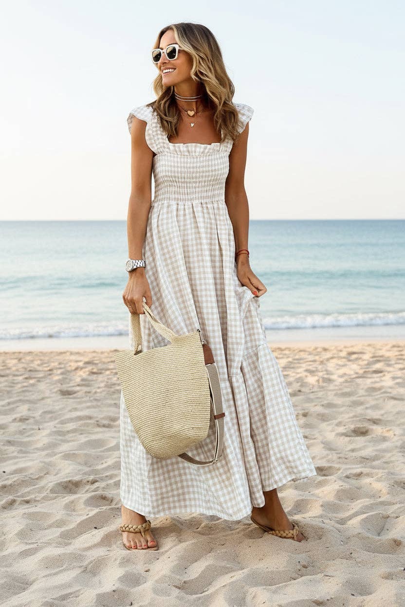 Gingham Smocked Maxi Dress Square Neck Summer