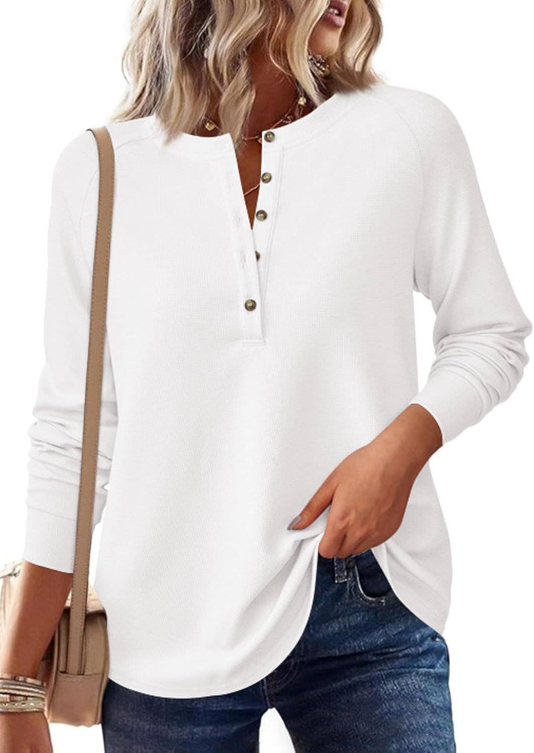 Button Front Waffle Knit Long Sleeve Top
