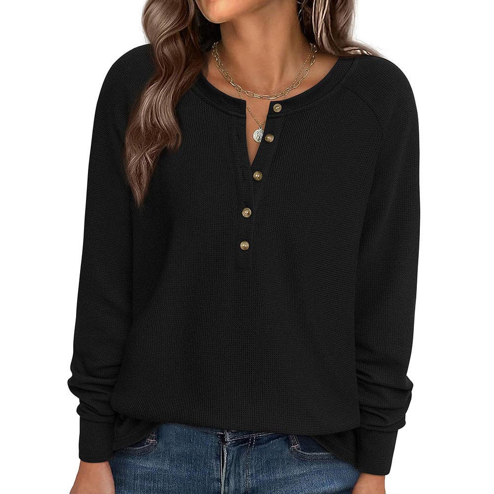 Button Front Waffle Knit Long Sleeve Top