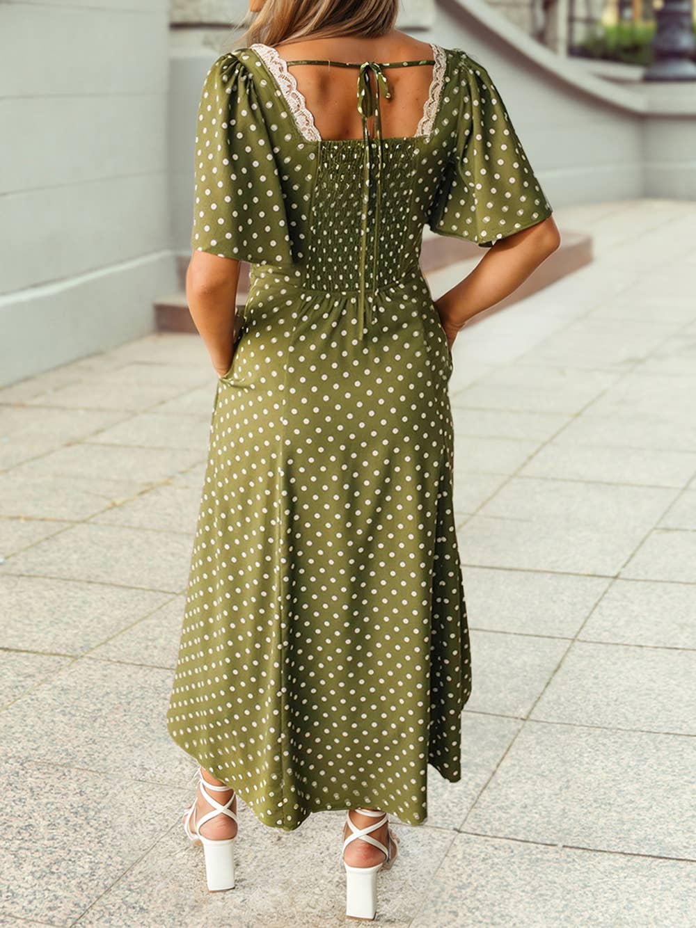 Polka Dot Lacy Neckline Smocked High Waist Maxi Dress | S-4X