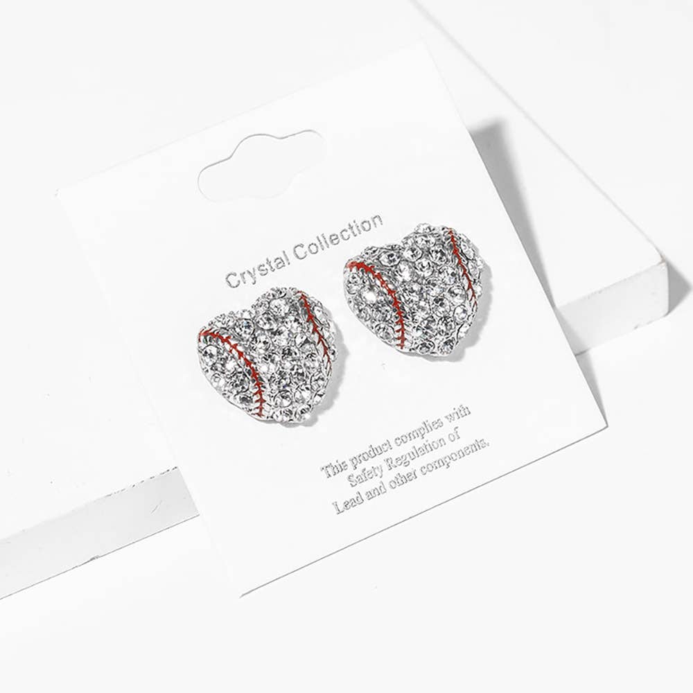 Baseball Crystal Pave Heart Stud Earrings