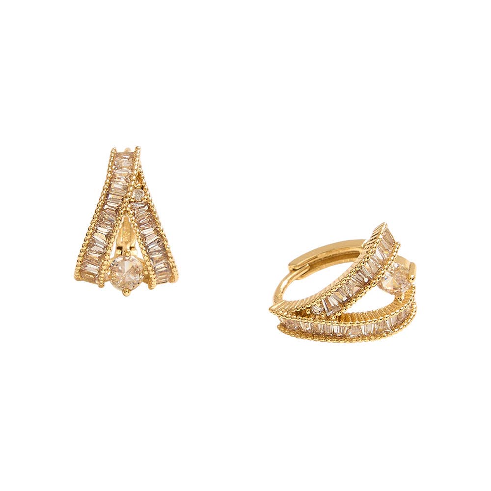 14K Gold Dipped CZ Baguette Stone Double Row Huggie Hoop Earrings