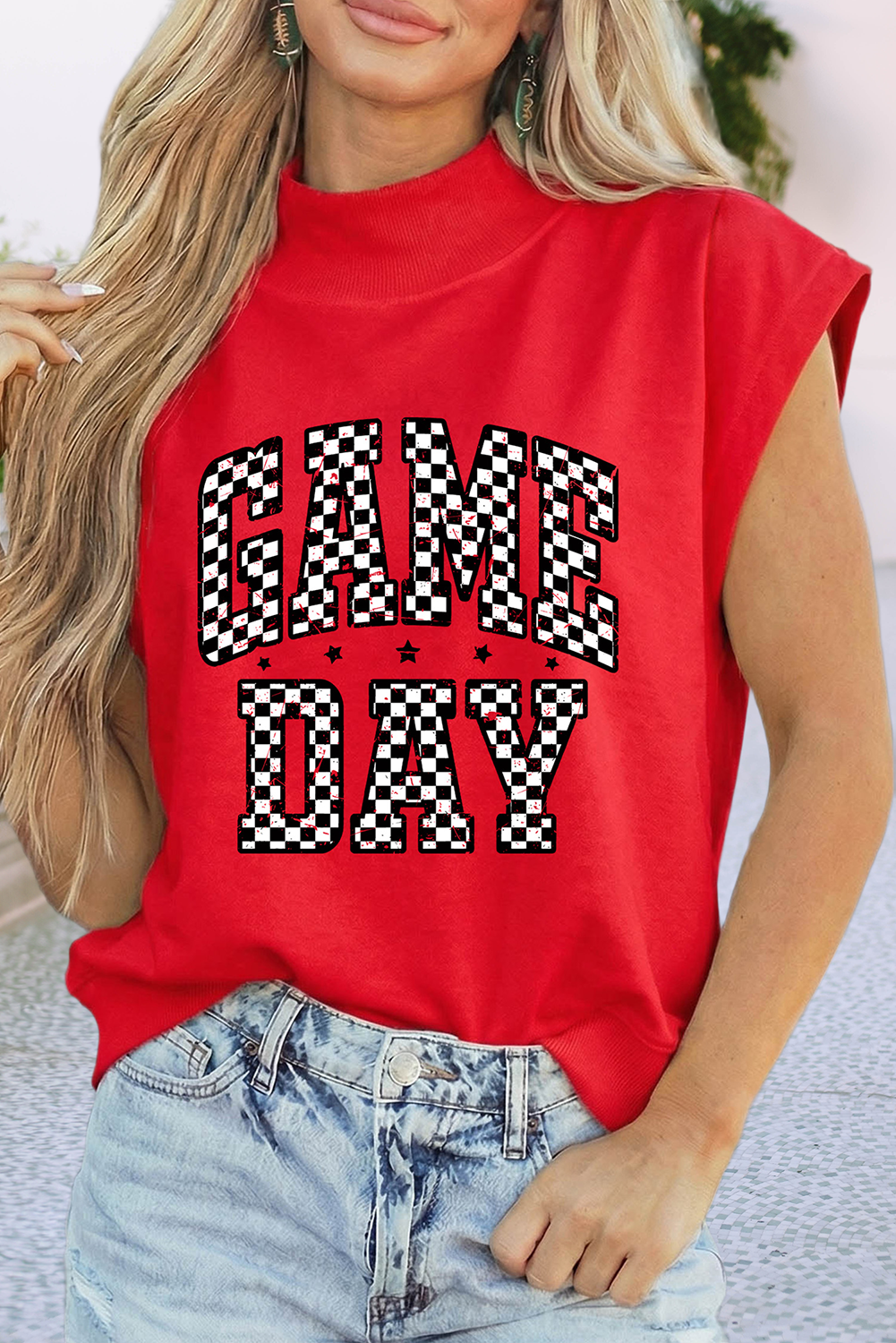 Game Day Checkered Mock Neck Short Sleeve Top