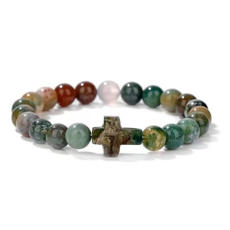 Stone Cross Charm Beaded Bracelet