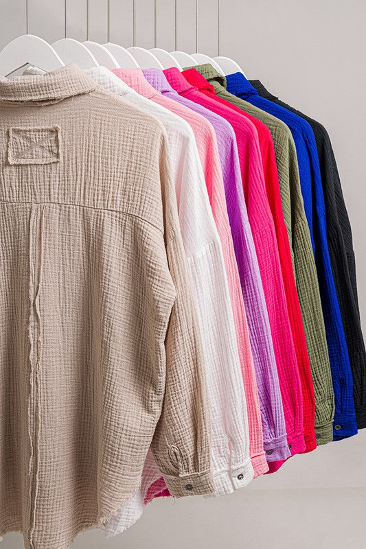 Gauze Linen Raw Hem Button Down