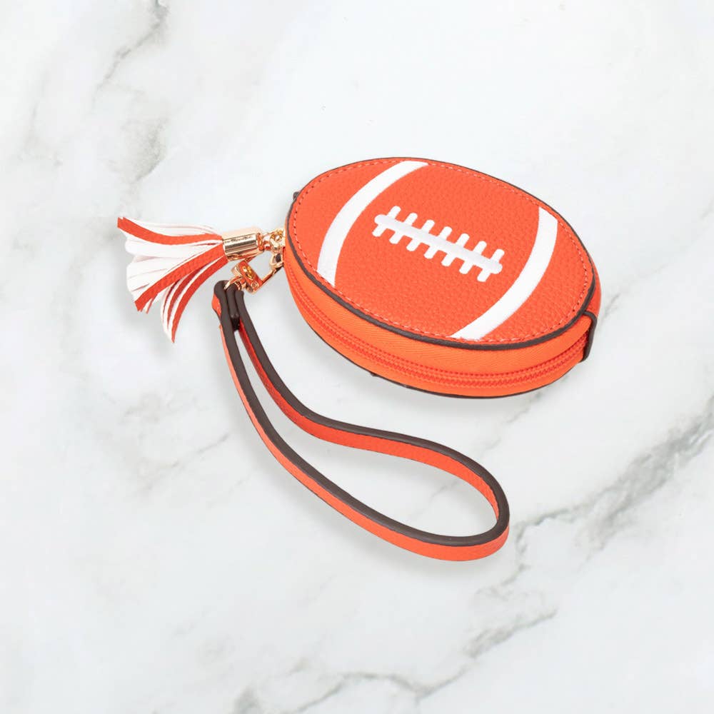 Faux Pebble Leather Football Round Zip Wrist Strap Coin Purse Bag