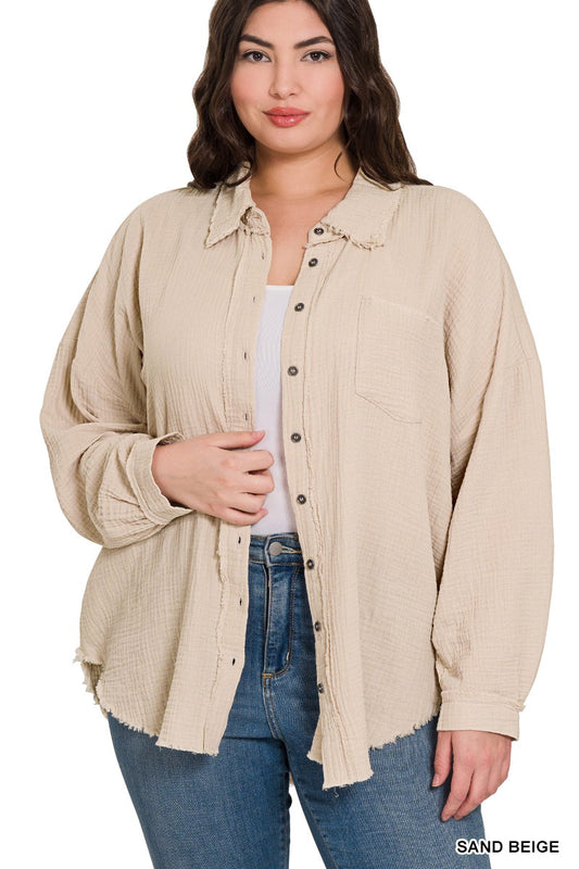 Oversized Raw Edge Gauze Shirt