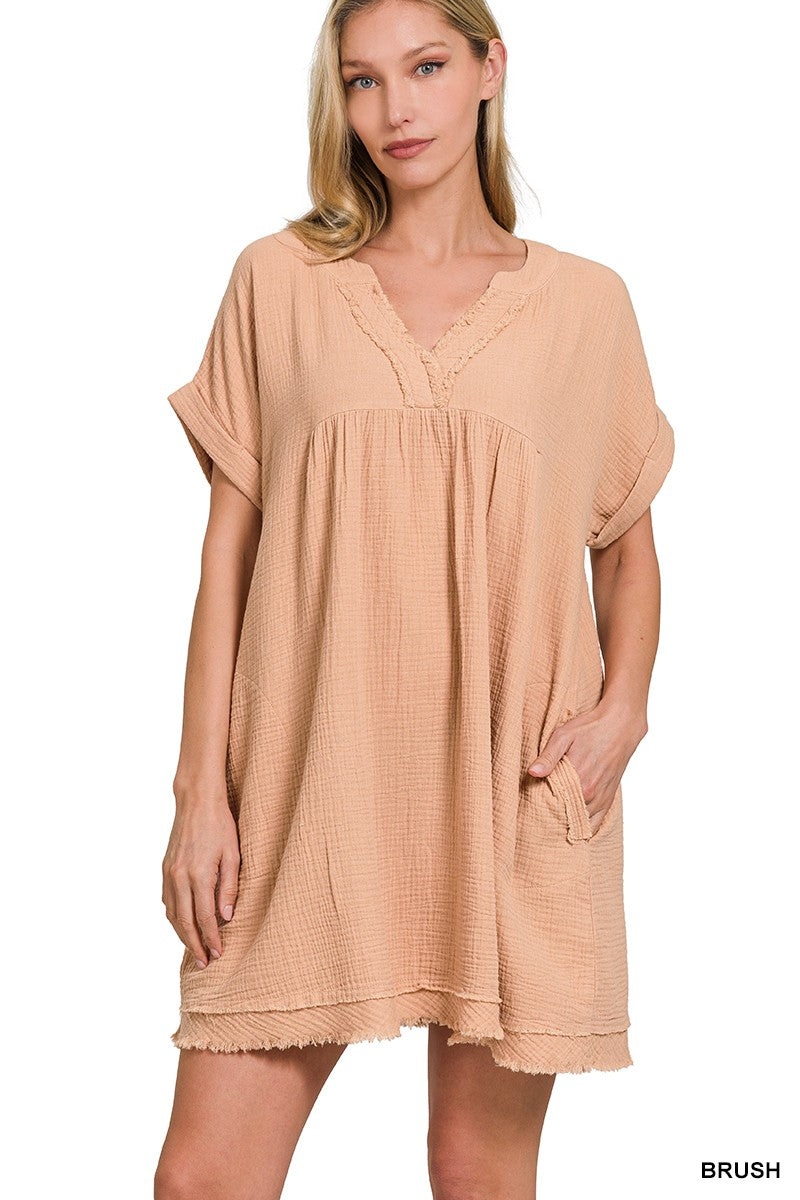 Gauze Raw Edge Cuffed Sleeve Dress