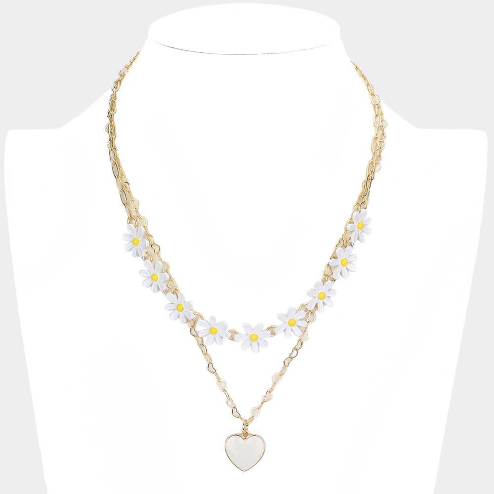Enamel Heart Pendant Flower Link Double Layered Necklace