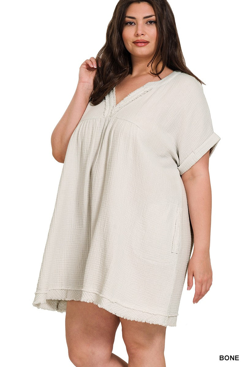 Gauze Raw Edge Cuffed Sleeve Dress