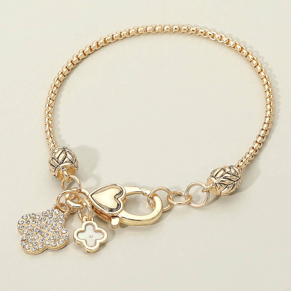 Stone Paved Mother of Pearl Quatrefoil Charm Bracelet