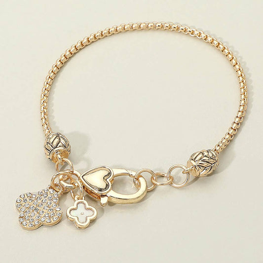 Stone Paved Mother of Pearl Quatrefoil Charm Bracelet