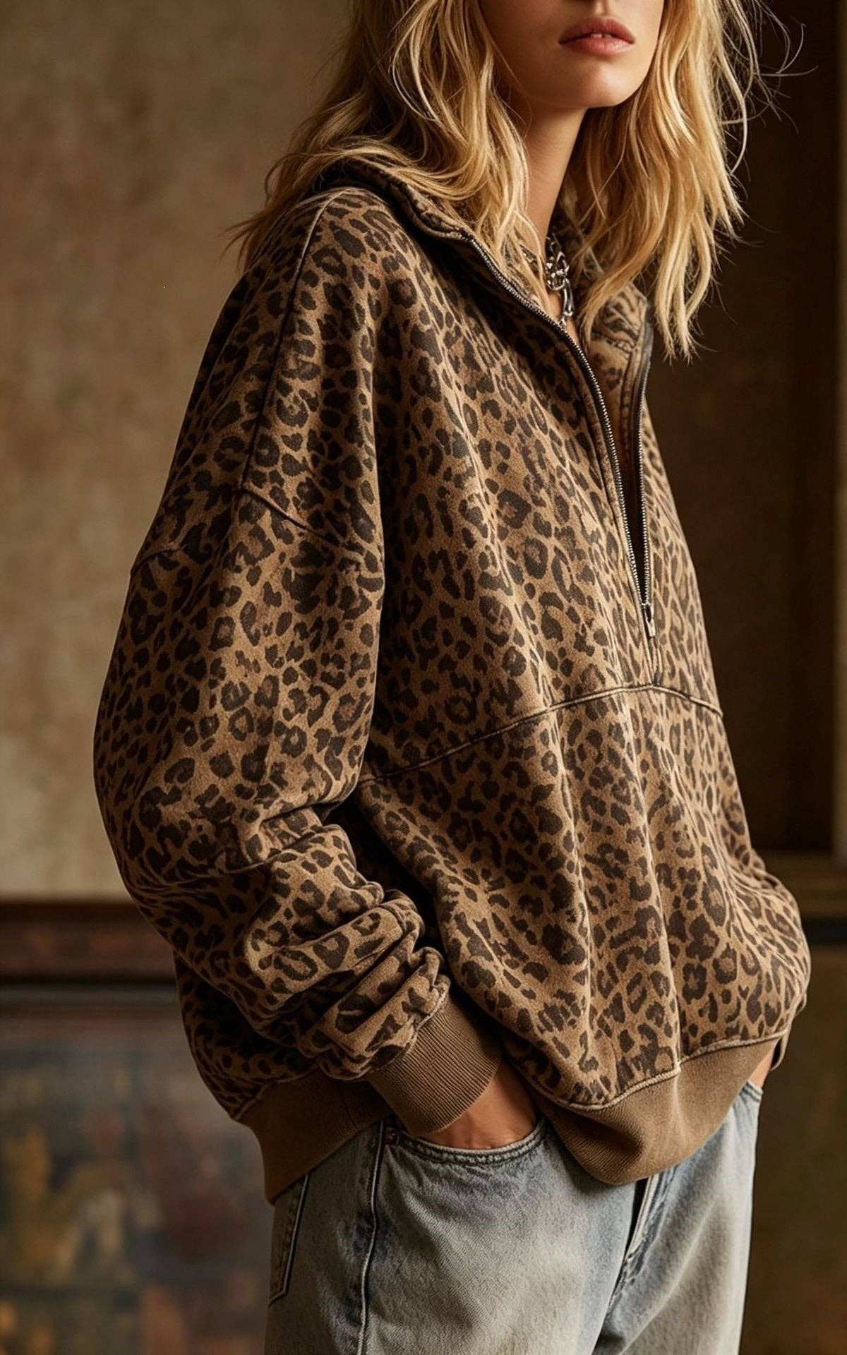 Leopard Print Half Zip Sweatshirt