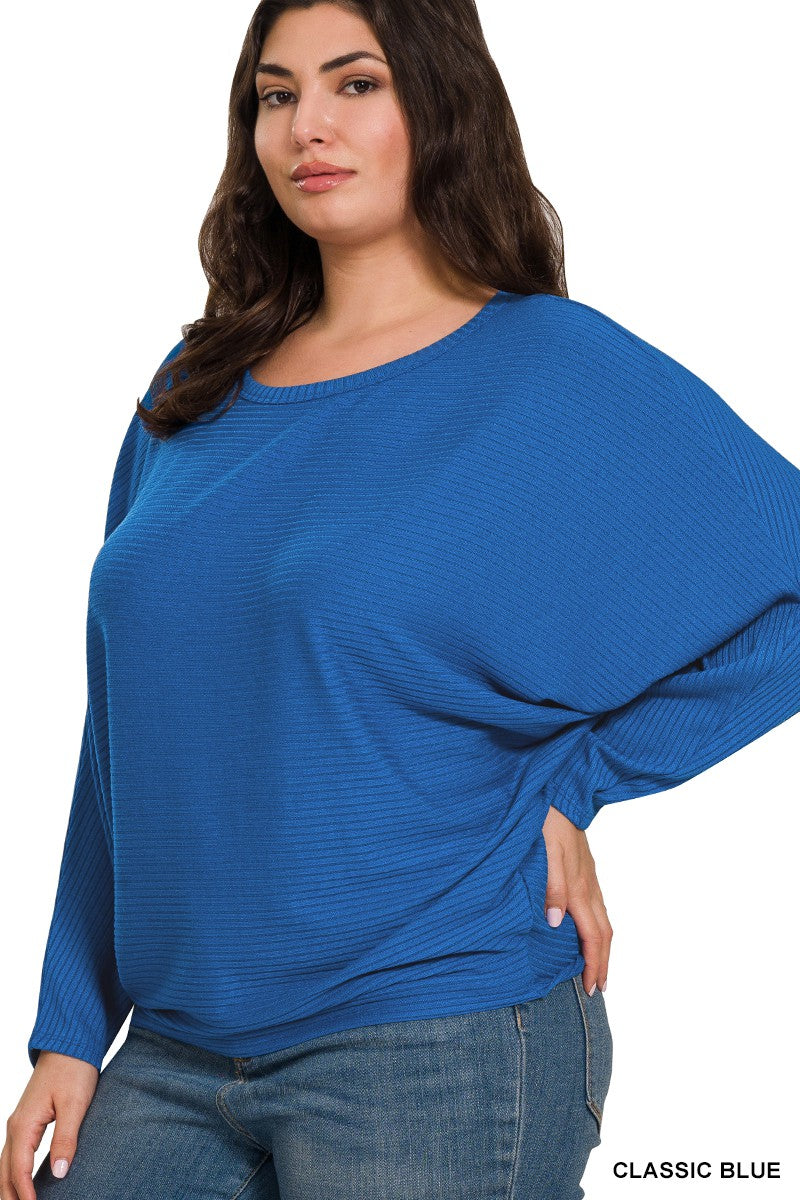 Ribbed Batwing Boat Neck Sweater