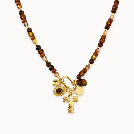 Multi Bead Cross Cluster Charm Necklace