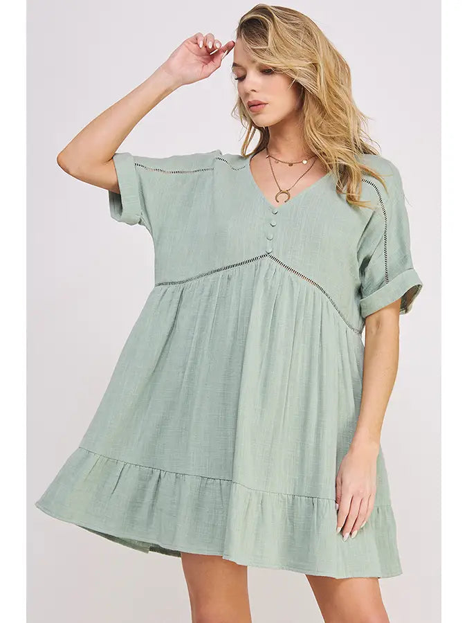 Textured  V-Neck Short Dress, Sage