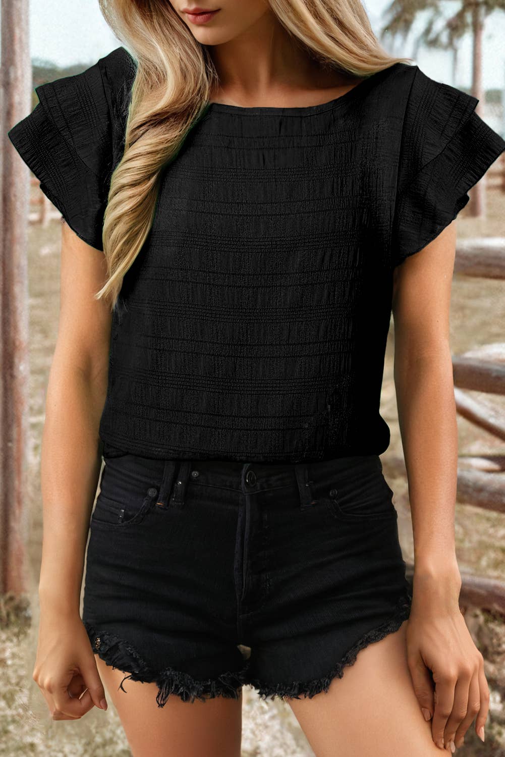 Fashion-W Textured Ruffled Sleeve Round Neck Top