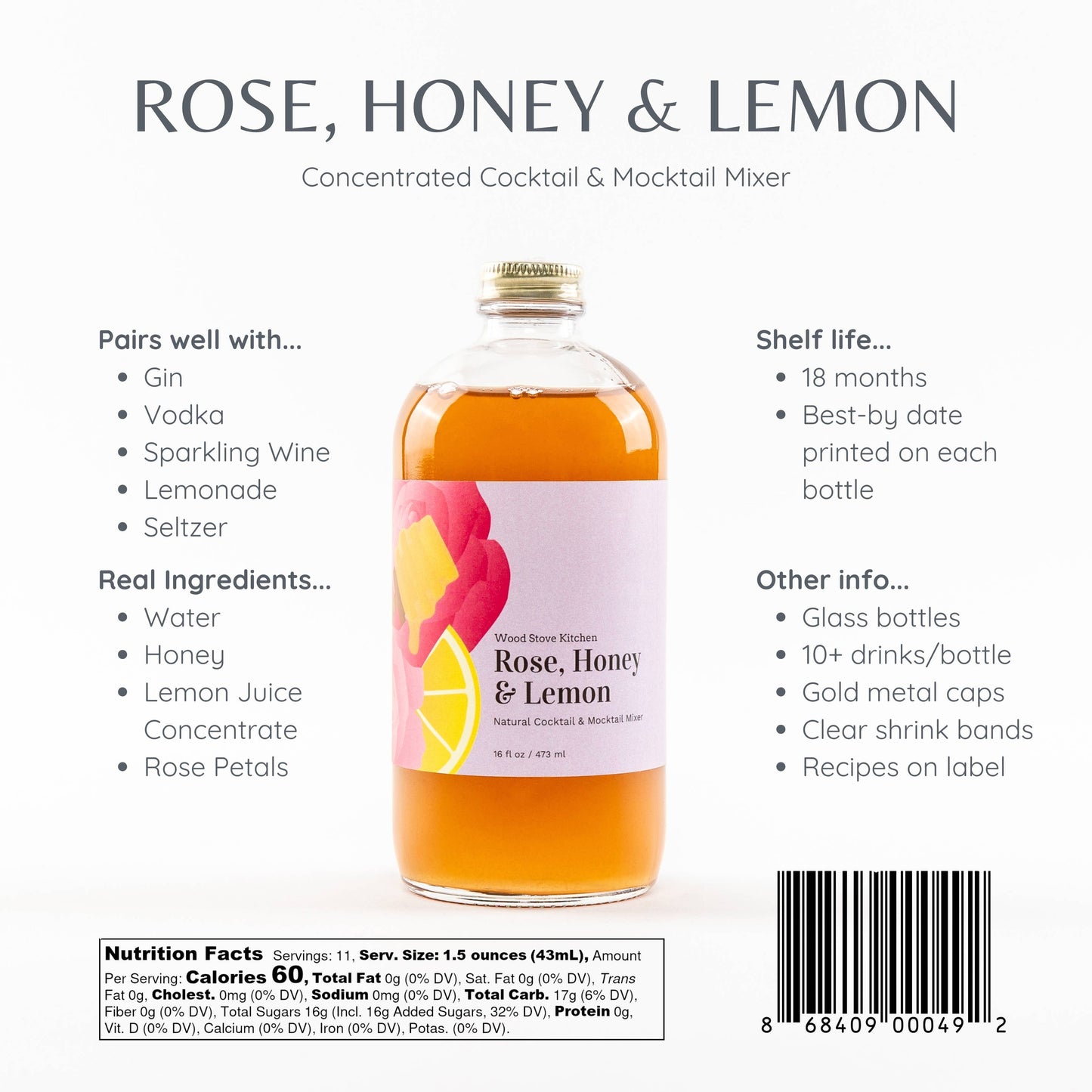 Rose Honey Lemon Cocktail Mixer and Mocktail Mixer, 16 fl oz