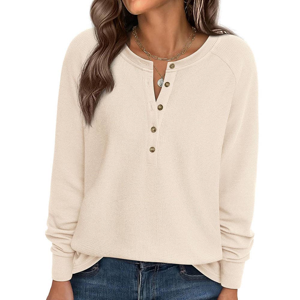 Button Front Waffle Knit Long Sleeve Top