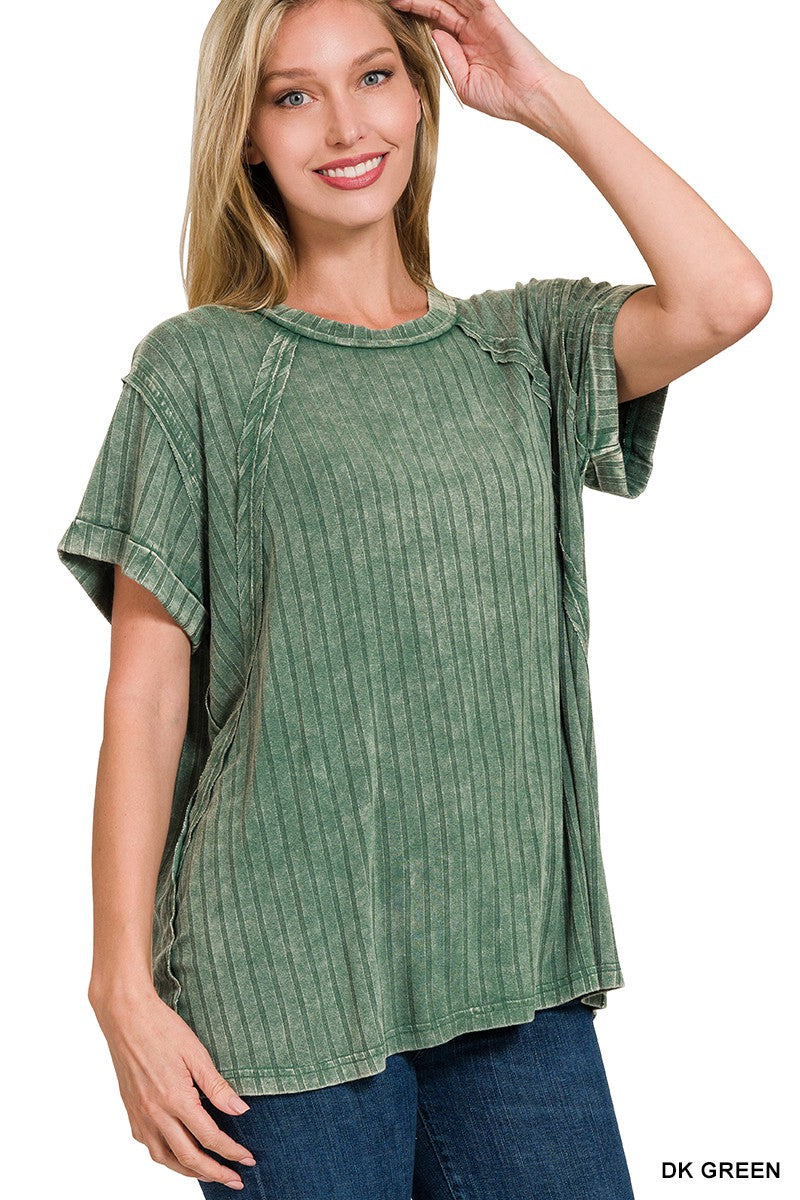 Ribbed Raglan Dolman Sleeve Boat-Neck Top