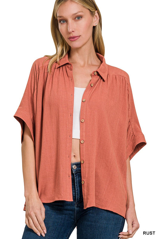 Ruched Linen Cuffed Sleeve Top, Rust