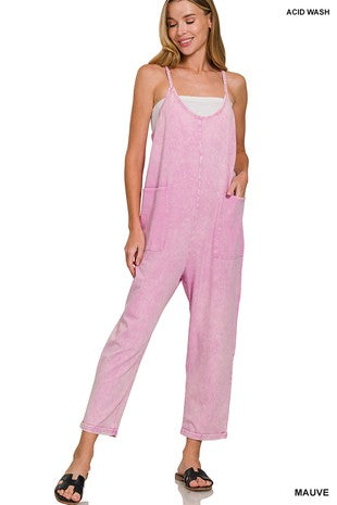 Washed Cotton Spaghetti Strap Overalls