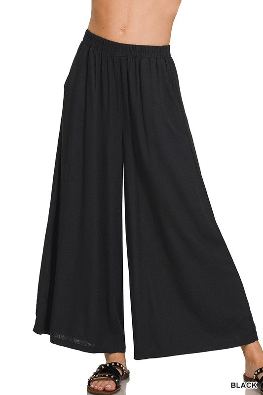 Woven Pleated Linen Wide Leg Pant