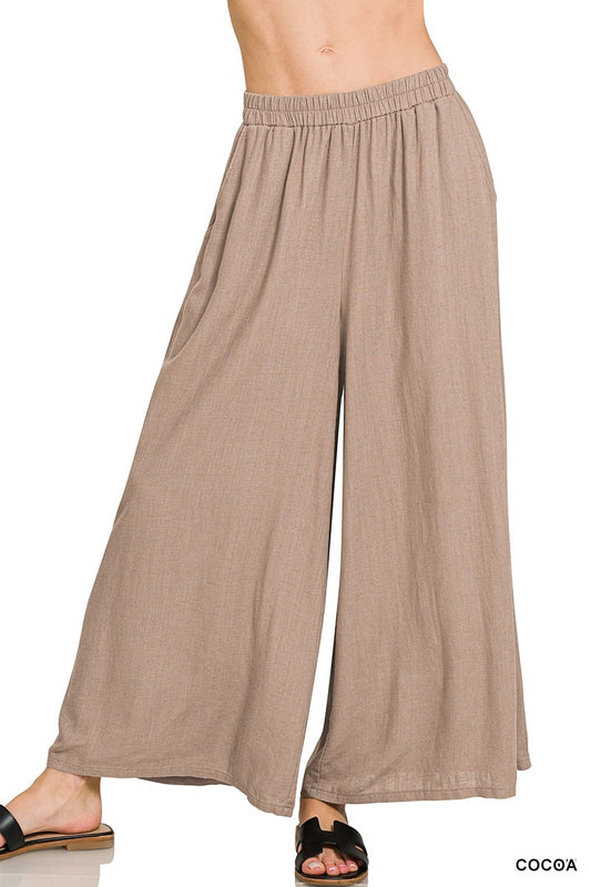 Woven Pleated Linen Wide Leg Pant