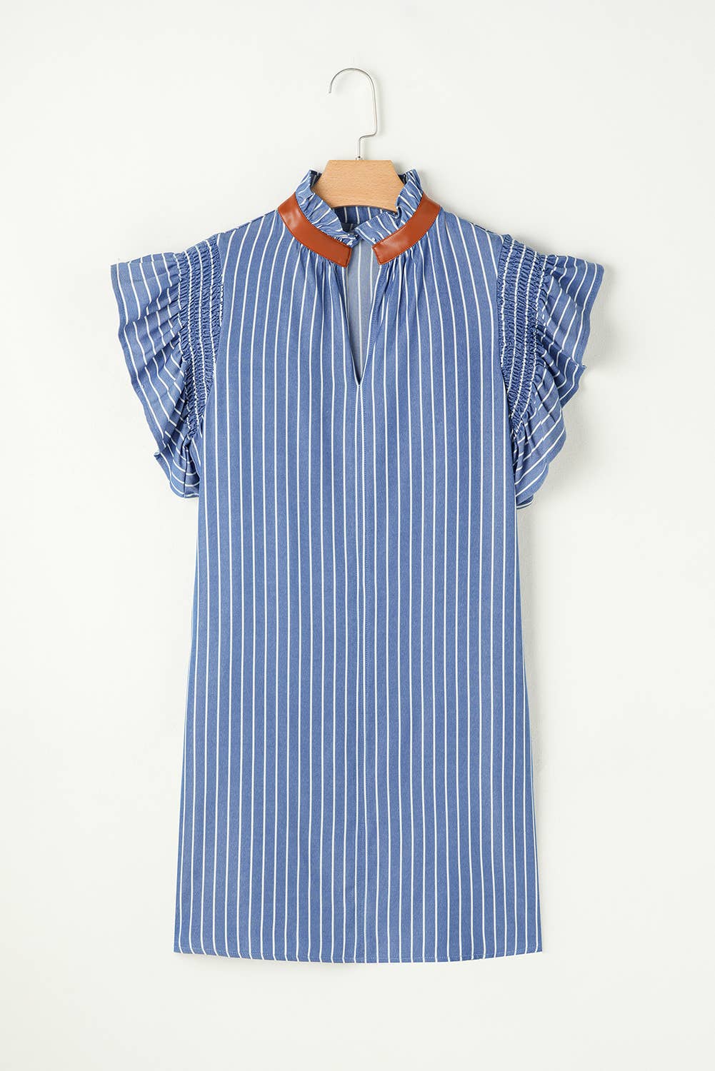 Stripe Frilly Split Neck Shirred Ruffle Sleeve Short Dress