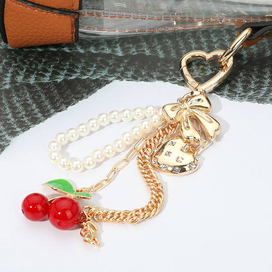 Heart & Bow Beaded Cherry Charm Drop Keychain / Bag Charm