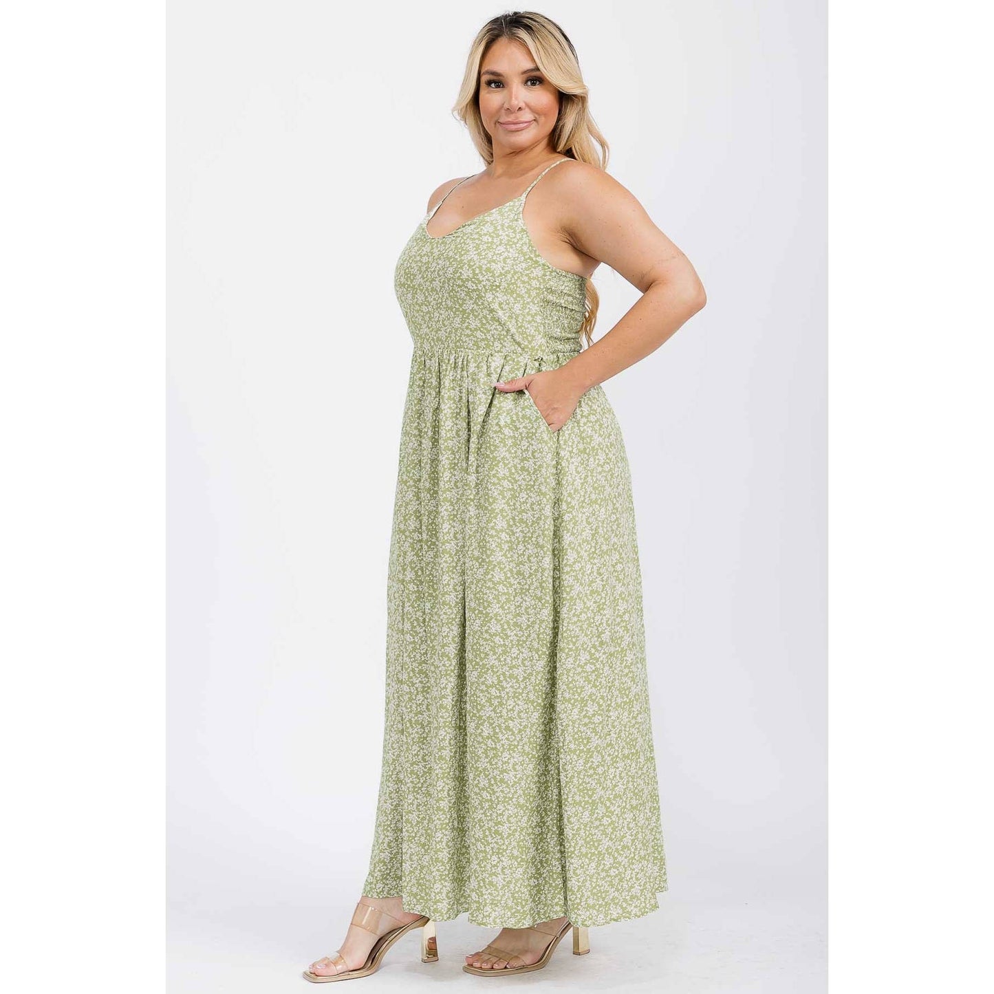 PLUS SIZE DITSY FLORAL V NECK SMOCKED BACK MAXI DRESS
