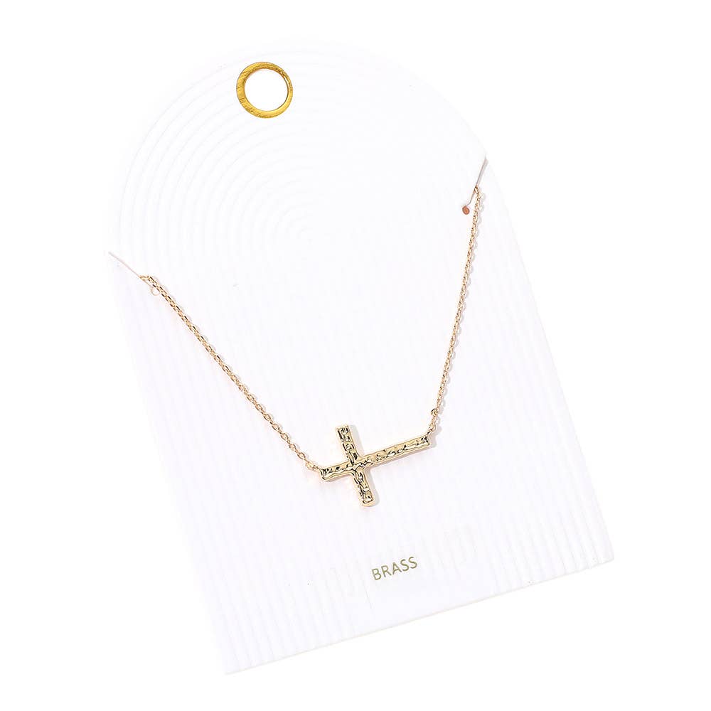 Gold or Silver Hammered Metal Sideways Cross Pendant Necklace