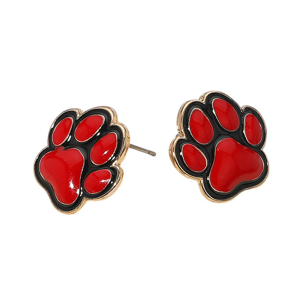 Black and Red Enamel Paw Stud Earrings