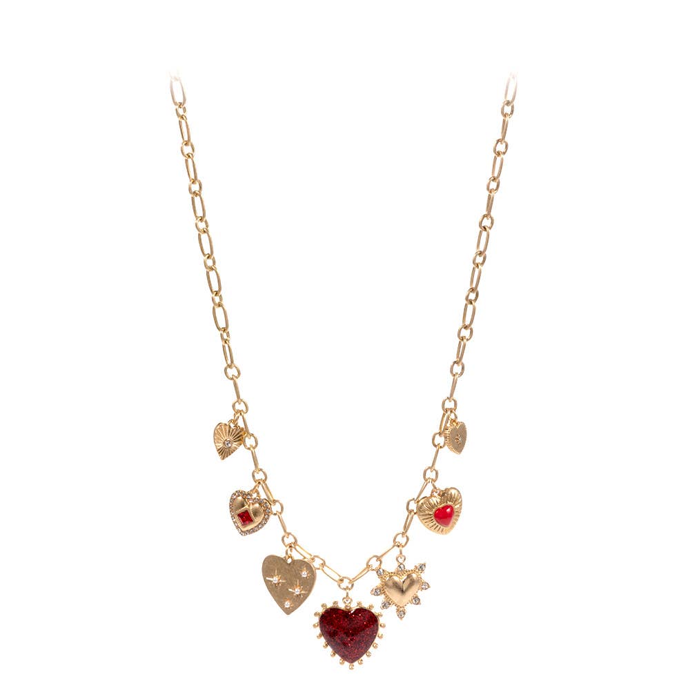 Chunky Mixed Heart Charm Station Paperclip Chain Necklace