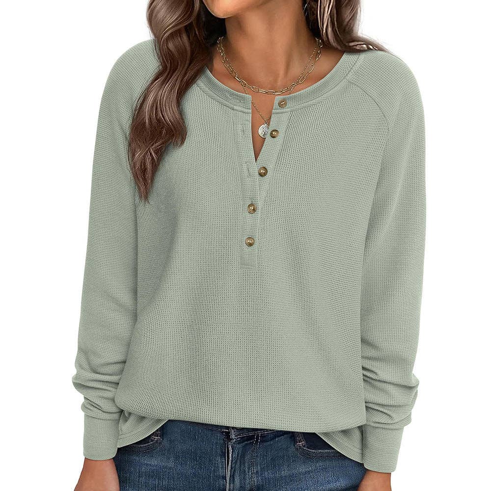 Button Front Waffle Knit Long Sleeve Top