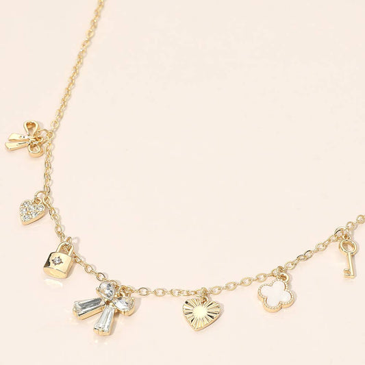 Gold Dipped Bow Quatrefoil Lock Heart Charm Station Necklace