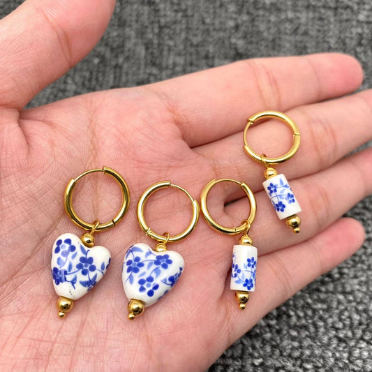 Blue and White Porcelain 18K Golden Dangle Earrings