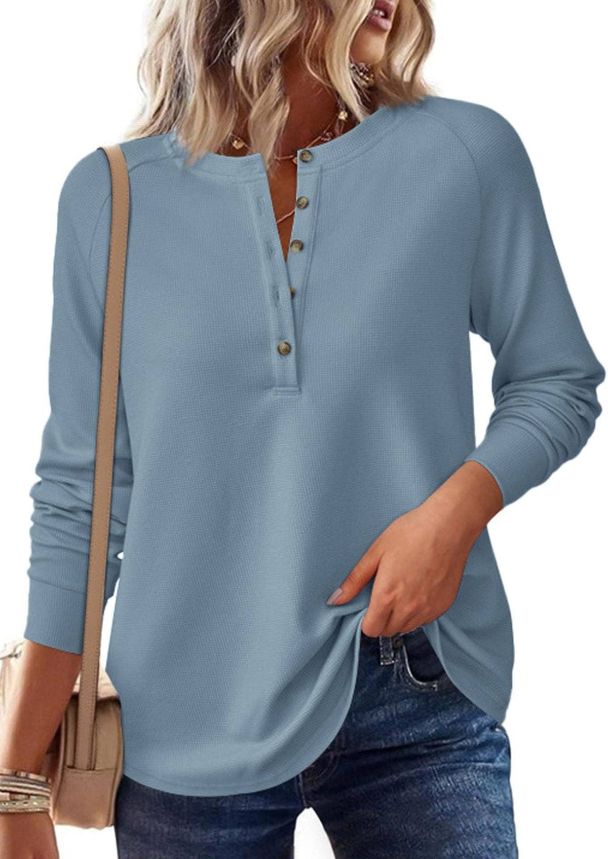 Button Front Waffle Knit Long Sleeve Top