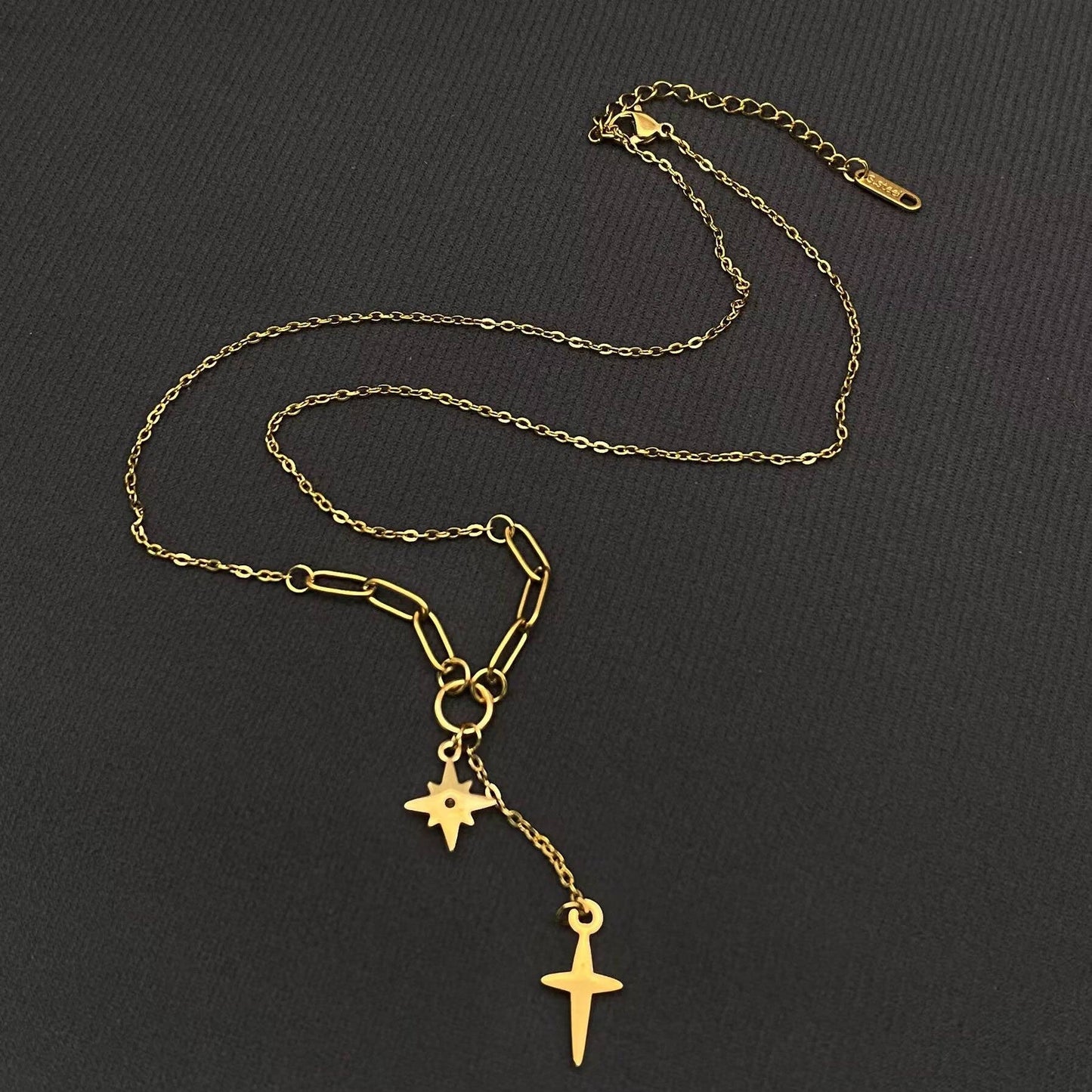 Double Star Charm 18K Golden SS Y-neck Necklace - FGS/MS