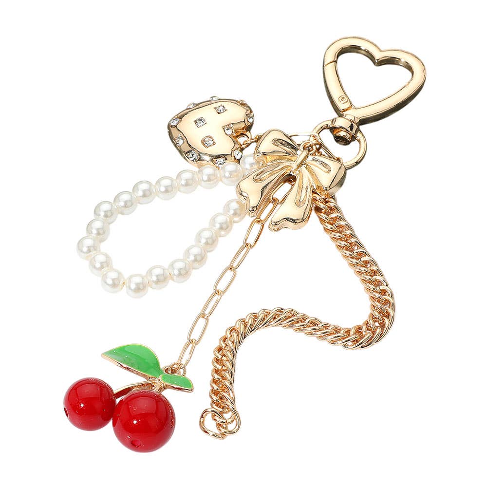 Heart & Bow Beaded Cherry Charm Drop Keychain / Bag Charm