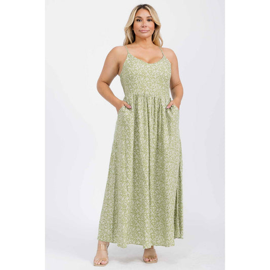 PLUS SIZE DITSY FLORAL V NECK SMOCKED BACK MAXI DRESS