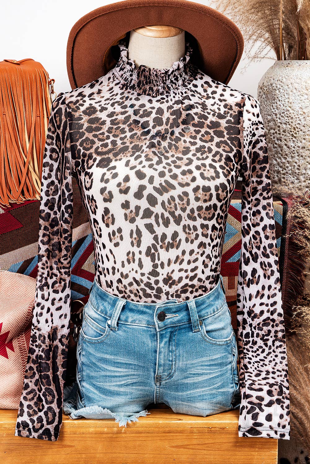 Fashion Western Leopard Smock Neck Mesh Long Sleeve Bodysuit
