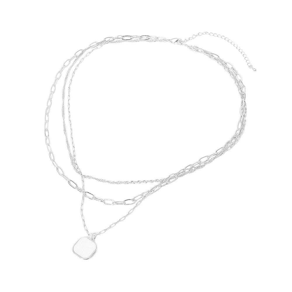 18K Gold Dipped Square Pendant Accent Mixed Paperclip Chain Layered Necklace