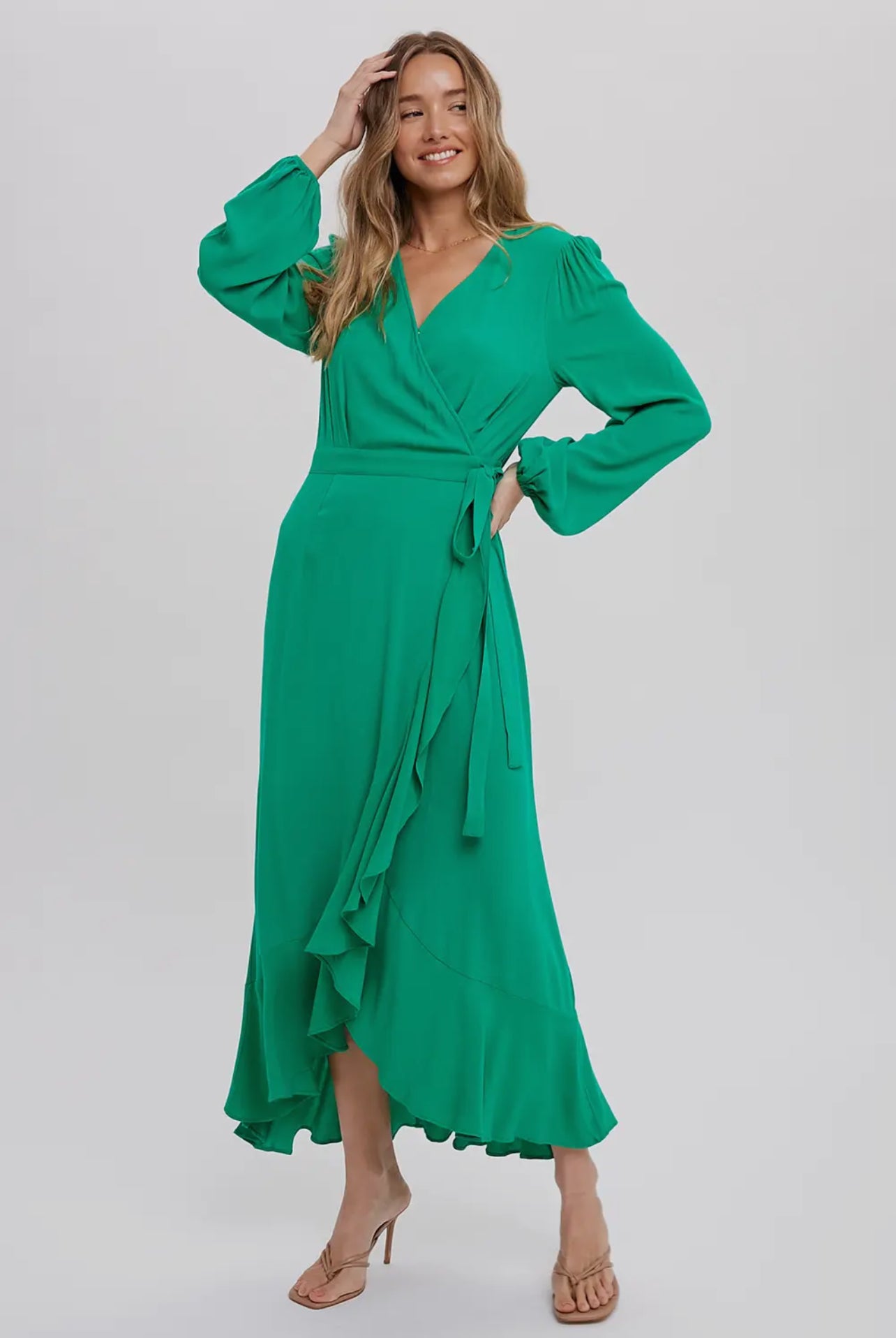 Ruffle Hem Midi Wrap Dress